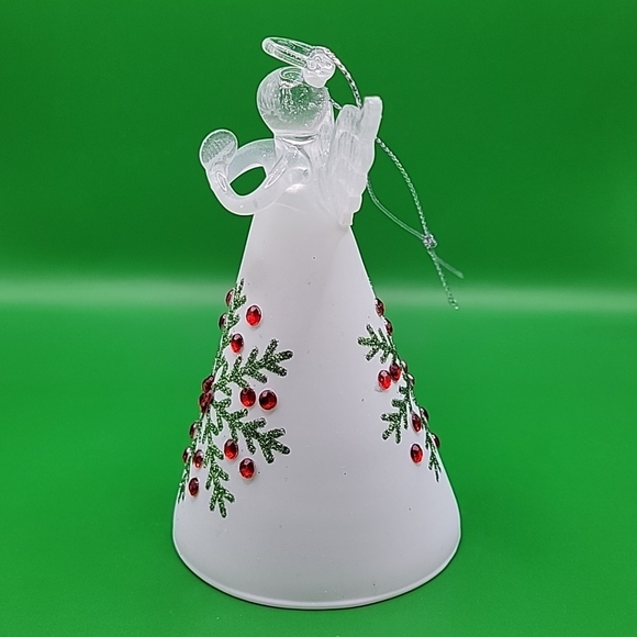 Glass Snowflake Angel Ornament Accented Frosted Glass Green Glitter Red Gems - Picture 3 of 7